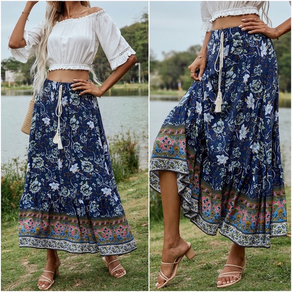 Boho Yellow Floral Tassel Ruffle Maxi Skirt Gypsy - Picture 3 of 15